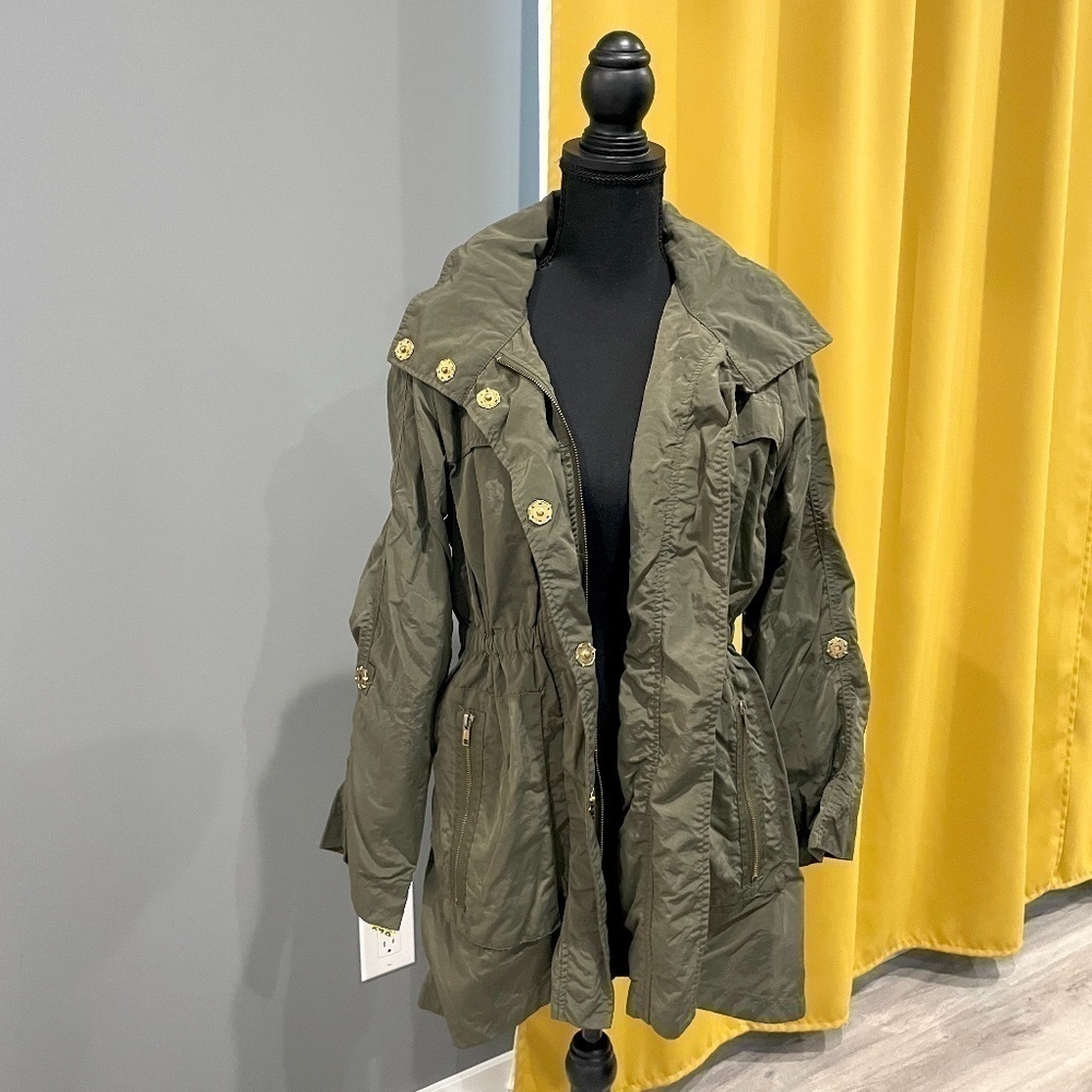 Venezia Milano Olive Green Cinched Waist Hooded Coat